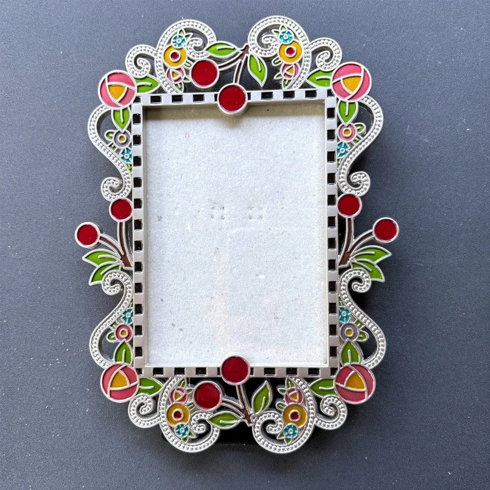 Mary Engelbreit Enameled Metal Floral Cherry Checkered 4x6 Picture Frame Silver